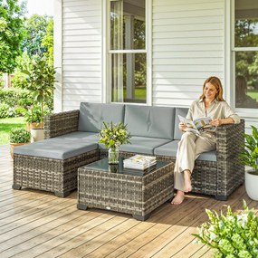 Conjunto de Jardim em Vime de 5 Peças Inclui Almofadas 2 Poltronas de Canto Poltrona sem Braços Apoia-Pés e Mesa de Centro Cinza Claro