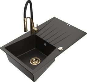 Mexen Cesar lava-loiça de granito de 1 bacia com escorredor e torneira de cozinha Aster, preto/dourado metálico