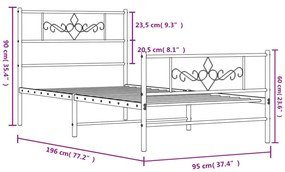 Estrutura de cama com cabeceira e pés 90x190 cm metal branco