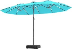 Guarda-sol duplo 460 x 285 cm com 48 luzes LED, 3 aberturas de ventilação, 12 varas, base e manivela para jardim, terraço e piscina – Turquesa