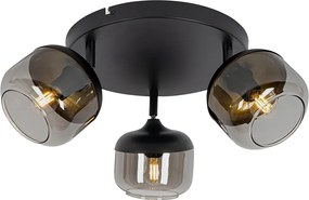 Candeeiro de teto design preto com dourado e vidro fumê 3-luzes redondo - Kyan