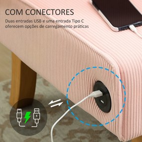 Sofá de 2 Lugares Estofado em Veludo Cotelê Sofá Sala de Estar com 2 Entradas USB 1 Entrada Tipo C 110x60x85 cm Rosa