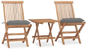 3 pcs conj. jantar dobrável exterior c/ almofadão teca maciça