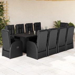 vidaXL 11 pcs conjunto de jantar p/ jardim c/ almofadões vime PE preto