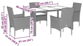 5pcs conjunto jantar jardim c/almofadões vime PE/vidro castanho