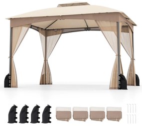 Pérgula para jardim 365x300 cm com paredes de malha com pesos areia Estrutura metálica resistente Portas com fecho Caqui
