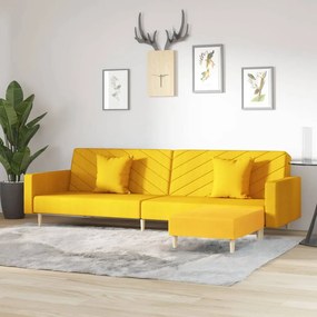Sofá-cama 2 lugares c/ 2 almofadas/apoio de pés tecido amarelo
