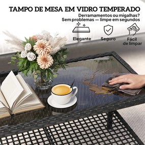Mesa de Centro de Jardim em Ratã com Prateleira e Tampo de Vidro Temperado Estrutura de Aço 92x50x45 cm Preto