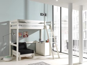 Cama alta de Criança PINO 90 x 200 cm + estrado + escada + armário com 2 portas + sofá-cama Branca