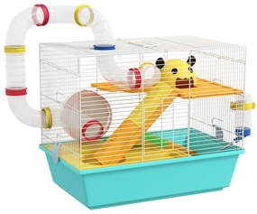 PawHut Gaiola para Hamsters com Túnel Plataformas Comedouro Bebedouro Casinha Rampas e Roda de Exercício 45x28x37 cm Azul Claro | Aosom Portugal
