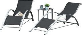 Conjunto de 2 espreguiçadeiras de design contemporâneo com mesa de centro com tampo em vidro temperado, metal com revestimento epóxi e textilene cinze