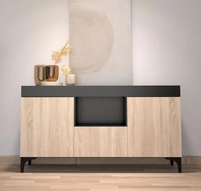 Aparador Koi – 130x32,5x58 cm – Preto e Sonoma Mate – 3 Portas + Nicho