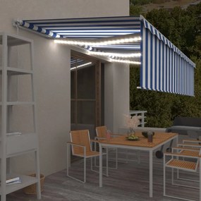 Toldo retrátil manual com estore/LED 6x3 m azul e branco