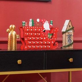 Calendário do Advento de madeira para encher, decoração de Natal com 24 gavetas, Pai Natal e trenó, 22,5 x 8 x 36 cm, vermelho