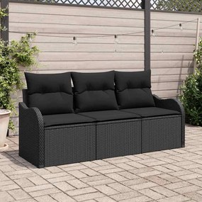 Conjunto de Sofá de Jardim de 3 Peças com Almofadas Preto Rattan Poli