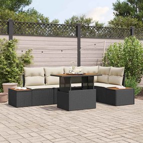 vidaXL Conjunto de Jantar de Jardim de 6 Peças com Almofadas Preto em Rattan de Polietileno e Acácia