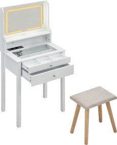 Toucador pequeno com espelho 60 x 40 x 132 cm, luz LED ajustável, tomadas, gavetas, estante aberta, tampo de vidro, para quarto, para espaços reduzido