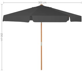 Guarda-sol redondo 300 cm haste em madeira de faia, tecido de poliéster de 180 g/m cinzento