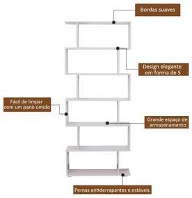 Estante Moderna em forma de S tipo Biblioteca de 6 Prateleiras- Madeira– Cor: Branco- 80 x 25 x 192 cm