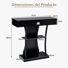 Mesa consola em forma de T com gaveta e Estantes moderna 91 x 30 x 88 cm Preta