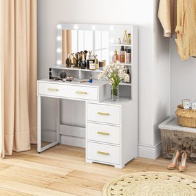 Toucador com espelho e 9 luzes LED, 4 gavetas e 6 compartimentos abertos, 100 x 40 x 138 cm, branco