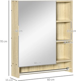 Armário de Casa de Banho com Espelho com 1 Porta Prateleira Ajustável Toalheiro e Compartimento 60x15x70 cm Carvalho