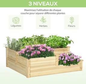 Floreira de madeira para horta 108 x 88 x 36 cm, floreira exterior em degraus com 3 níveis, design sem fundo, madeira natural