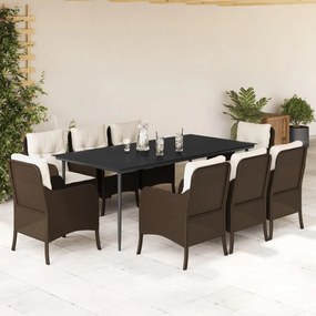 9 pcs conjunto jantar p/ jardim c/ almofadões vime PE castanho