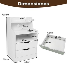 Mesa de cabeceira LED com estação de carregamento com 2 gavetas e prateleira aberta 45 x 35 x 72,5 cm Branca