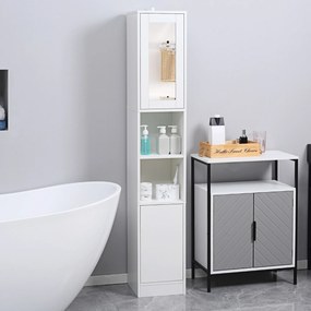 Armário casa de banho  30 x 28 x 170 cm, móvel de arrumação em coluna com espelho, 2 portas, prateleiras ajustáveis, branco