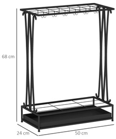 Suporte para Guarda-Chuva Moderno Retangular com 24 Ganchos 21 Espaços e Bandeja Recolhedora de Gotas 50x24x68 cm Preto