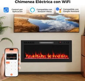 Lareira elétrica 91,4 x 10 x 46 cm 750 W/1500 W embutir na parede compatível com Alexa e Google Assistant com APP e comando Preto