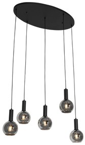 Candeeiro suspenso Art Déco preto com vidro fumê oval 5 luzes - Josje Art Deco