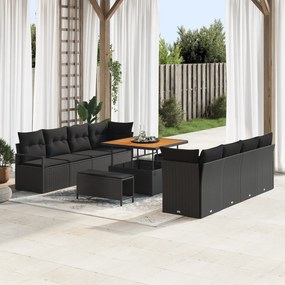 Conjunto de Sofás de Jardim vidaXL de 11 Peças com Almofadas Preto Rattan Polipropileno Acácia