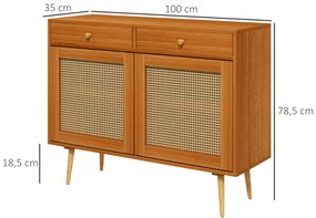 Aparador de Madeira com 2 Gavetas Prateleiras Ajustáveis e 2 Portas de Vime Armário de Armazenamento Estilo Cannage 100x35x78,5 cm Castanho