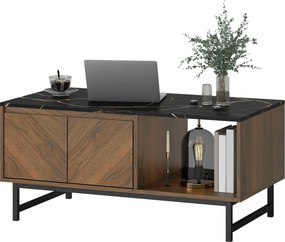 Mesa de centro, mesa de sala, tampo com efeito de mármore, 2 portas e 2 compartimentos abertos, 100 x 50,8 x 45,7 cm, cor nogueira