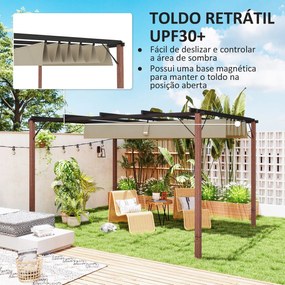 Pérgola com Teto Retráti Pérgola de Aluminio 382x300x232 cm com Toldo de Poliéster Anti-UV Pérgola de Jardim Bege e Madeira