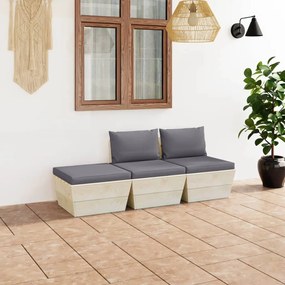 3 pcs conjunto lounge de paletes + almofadões madeira de abeto