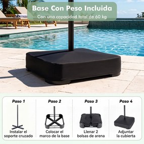 Guarda-sol  de Jardim com base, 450 x 270 x 252 cm, Luzes LED Solares, Castanho