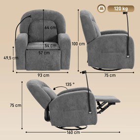 Poltrona Relax Reclinável 3 em 1 com Função de Baloiço Rotação 360° Suporte para Telemóvel Assento Amplo Cinzento