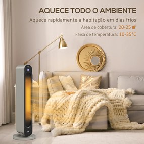 Aquecedor Cerâmico de Torre 1100/2200W com Controlo Remoto Ecrã LED Temporizador Termostato 3 Modos Ø25x73,5 cm Prata e Preto