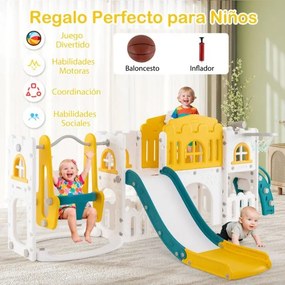 Conjunto de baloiço e escorrega 10 em 1 para crianças com cesto de basquetebol telescópico e corredor infantil Verde + Amarelo