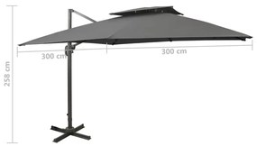 Guarda-sol cantilever com toldo duplo 300x300 cm antracite