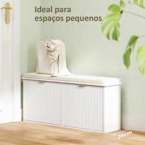 Banco Sapateira Móvel Sapateira Estreito com Assento Estofado 2 Caixas Rebatível e Painel de Ripas 104x26x47,5 cm Branco