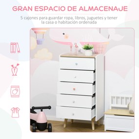 HOMCOM Cómoda Infantil de Madeira com 5 Gavetas para Crianças com Armazenamento para Brinquedos Roupa Livros 55x36x108cm Branco