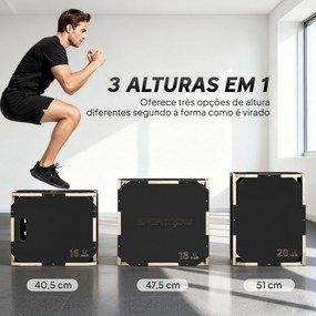 Caixa Pliométrica de Madeira com 3 Alturas Diferentes para Treino de Salto Força em Casa Ginásio e Exterior 51x47,5x40,5 cm Preto