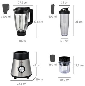 HOMCOM Liquidificadora de 1000W Jarro de Cristal de 1,5L com 4 Programas 5 Velocidades Ajustáveis Lâmina de 6 Folhas Aço Inoxidável e Garrafa Portátil 22,4x19x43cm Preto