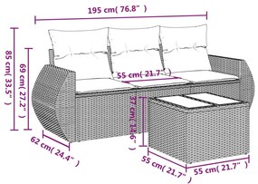 4 pcs conj. sofás jardim c/ almofadões vime PE cinzento-claro