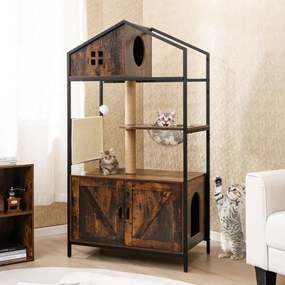 Árvore para gatos 80 x 48 x 150 cm com compartimento para caixa de areia Postes para arranhar Cápsula espacial Bola Castanho Rústico + Preto