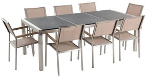 Conjunto de mesa com tampo triplo granito flameado preto 220 x 100 cm e 8 cadeiras creme GROSSETO Beliani